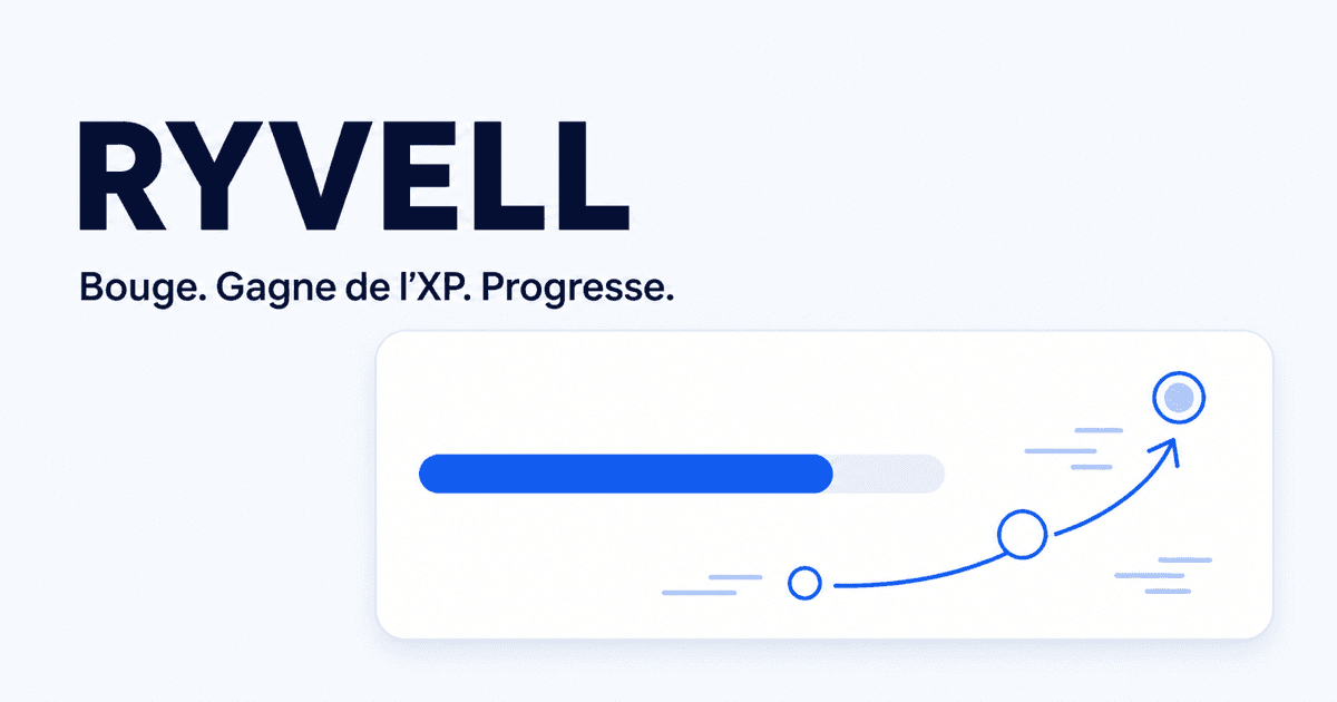 Carte RYVELL blanche et bleue avec une barre de progression XP